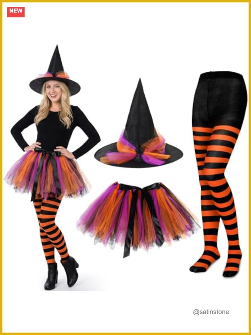 Halloween Witch Costume Set Tutu Skirt Hat Striped Tights Cosplay
